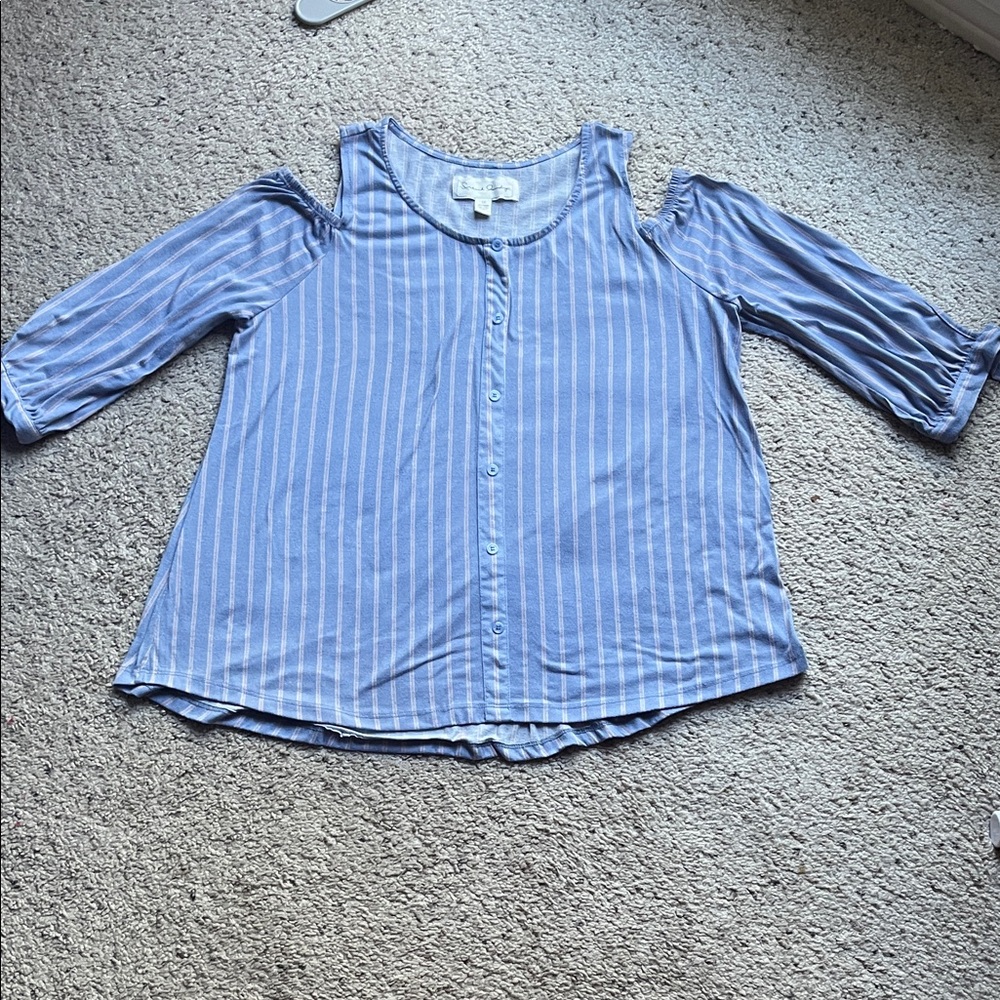 French Laundry Light Blue Striped Cold-Shoulder Button Front Top
